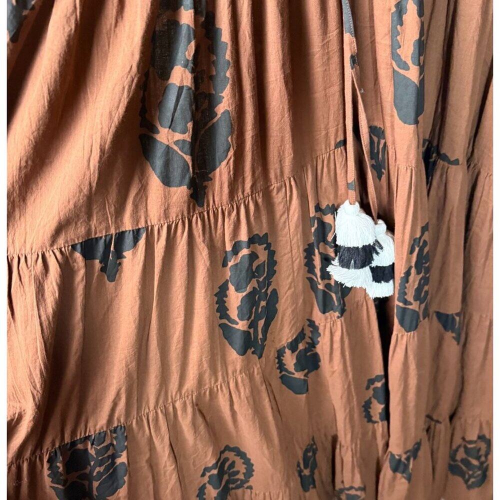 Anthropologie Omika Tiered Midi Long Sleeve Boho Resort Dress Brown Tassel XL - Picture 6 of 9